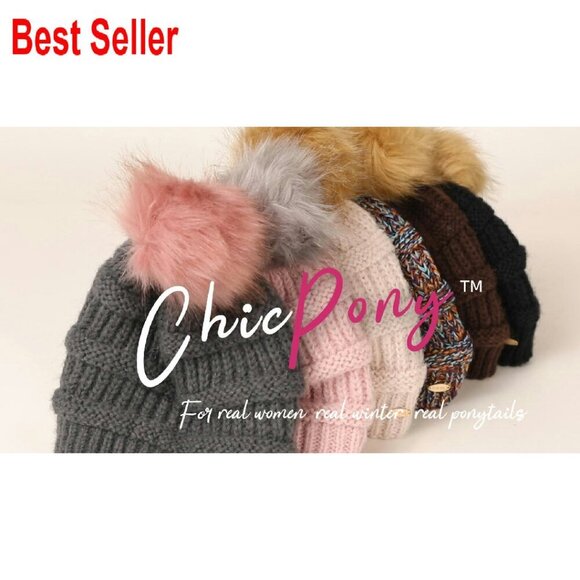 Fleece Lined Merino Wool Beanie Hidden Ponytail Hole Detachable Pom Chic main image 5